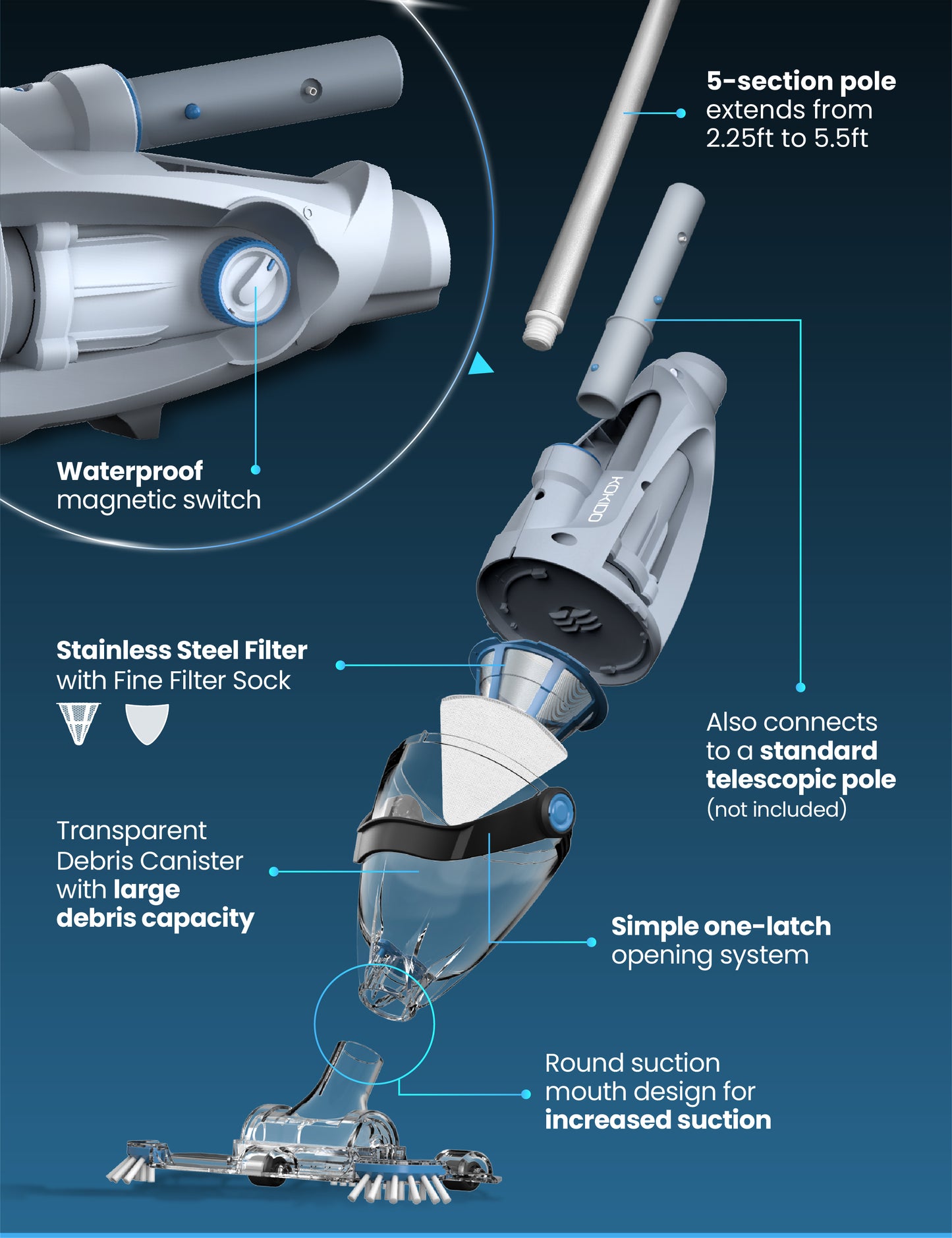 XTROVAC 210 Rechargeable Cordless Pool Vacuum (with Pole)